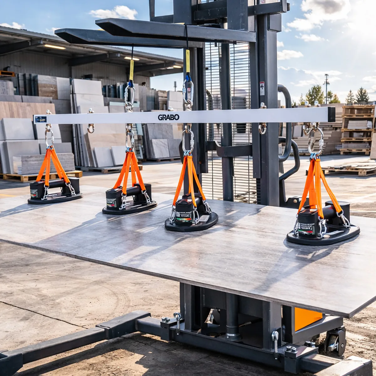 GRABO® U-Hoist moving a large panel on a forklift outdoors